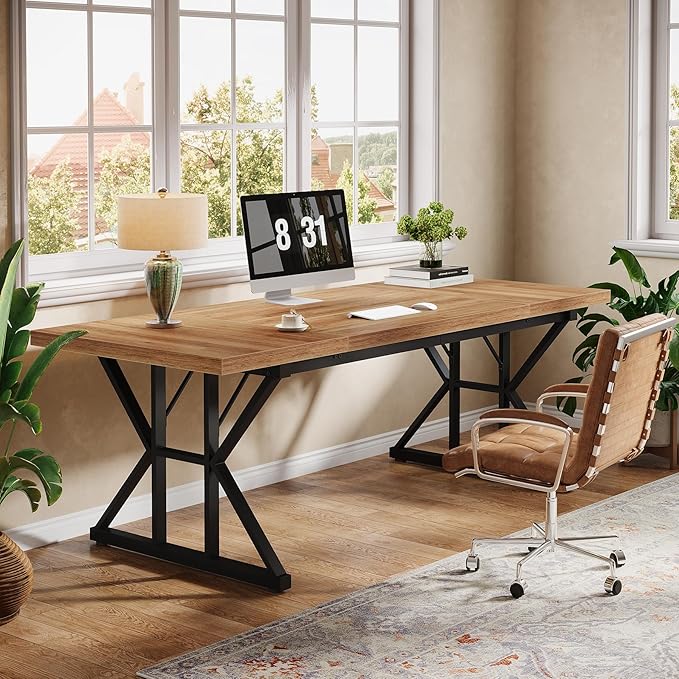 Tribesigns 70.86-Inch Large Executive Desk Industrial Home Office Computer Desk Simple Long Writing Study Table Business Furniture (Light Brown/Black)