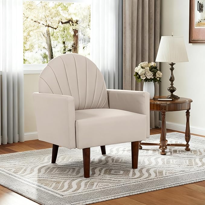 PU Accent Chairs for Living Room with High-Density Foam Cushion Mid-Century Single Sofa Armchair with Solid Wood Legs Upholstered Reading Chair for Bedroom Home Office (Shell Khaki 3 Set)