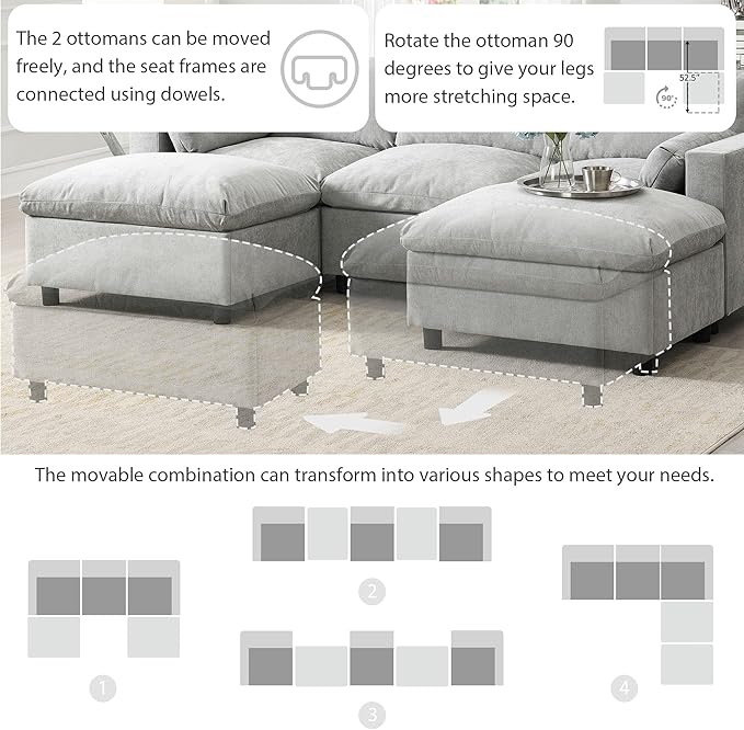 Merax 86.5 Sectional Sofa with Storage Pockets &amp Removable Ottomans 5 Seat U Shaped Sleeper Cloud Couch Set Convertible L-Shaped Chenille Upholstered SofaBed for Living Room and Apartment Grey