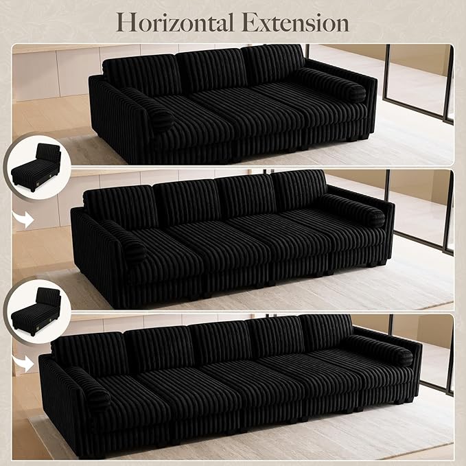 Belffin Plush Corduory Sectional Sleeper Sofa with Wide Deep Seat Modular Sectional Cloud Couches for Living Room. Black Couch