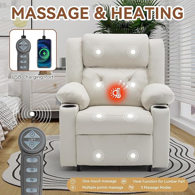 Aklaus Recliner Chair with Foldable Side Table Massage and Heat Reclining Chair Home Theater Seating Reclining Sofa with Side Pockets Cup Holders for Living Room BedroomIvy