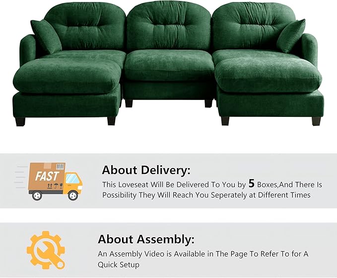mikibama 107 Chenille Cloud Sofa 3 Seater Couch with OttomansModern Modular Sectional U-Shaped Cloud Sofas with Deep SeatU Shape Couch with Chaise Lounge Curved Arms for Living Room(Green3S+2O)