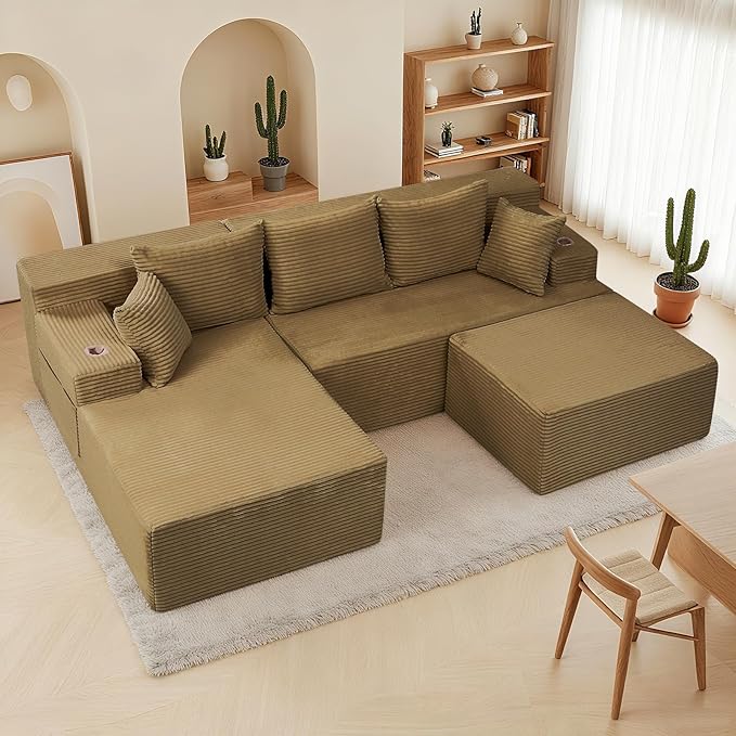 Boneless Couch Cloud Modular Sectional Sofa Modern Convertible L Shaped 3 Seat Corduroy Deep Seat Boneless Couches with 5 Pillows for Living Room Apartment (Brown Left Facing Chaise+Ottoman)