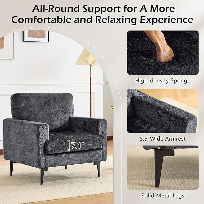 MELLCOM Oversized Chenille Accent Chair Set of 2 Comfy Armchair for Living Room Mid-Century Upholstered Reading Single Sofa Chair for Bedroom Grey