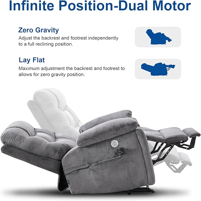 Oversized Power Lift Recliner Dual Motor Elderly Lift Chair with Independent Backrest &amp Footrest Adjustment Hidden Cupholder USB-A/USB-C Charging Ports Lounge Chair for Living Room