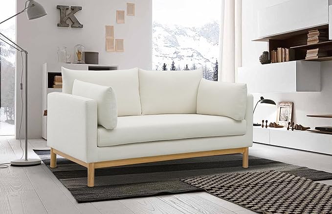 Meridian Furniture 157Cream-L Langham Collection Mid-Century Modern Linen Textured Fabric Upholstered Loveseat Cream Linen Textured Fabric Natural Finish Wood Base 66 W x 33.5 D x 33 H Cream