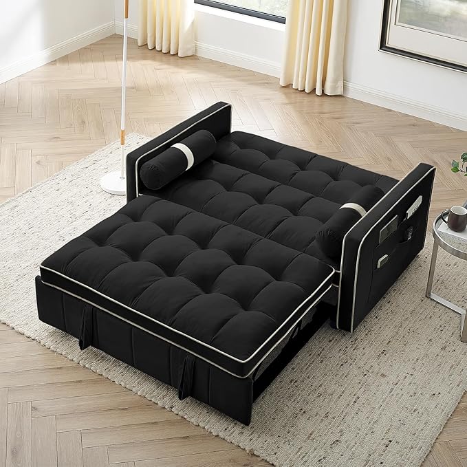 3-in-1 Convertible Sleeper Sofa Bed55.5 Modern Tufted Velvet Pull Out Couch BedFuton Small Love Seat Sofa with Adjustable Backrest&ampCylinder Pillows for Living RoomApartmentSmall Places(Black)