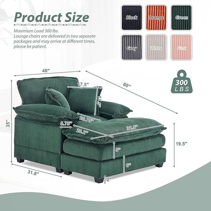 TTK Oversized Chaise Lounge Chair with Ottoman - 39.17 Wide Modern Sleeper Sofa for Living Room Bedroom &amp Office - Deep Seat Sectional Couch with Pillow Comfortable Reading ChairGreen