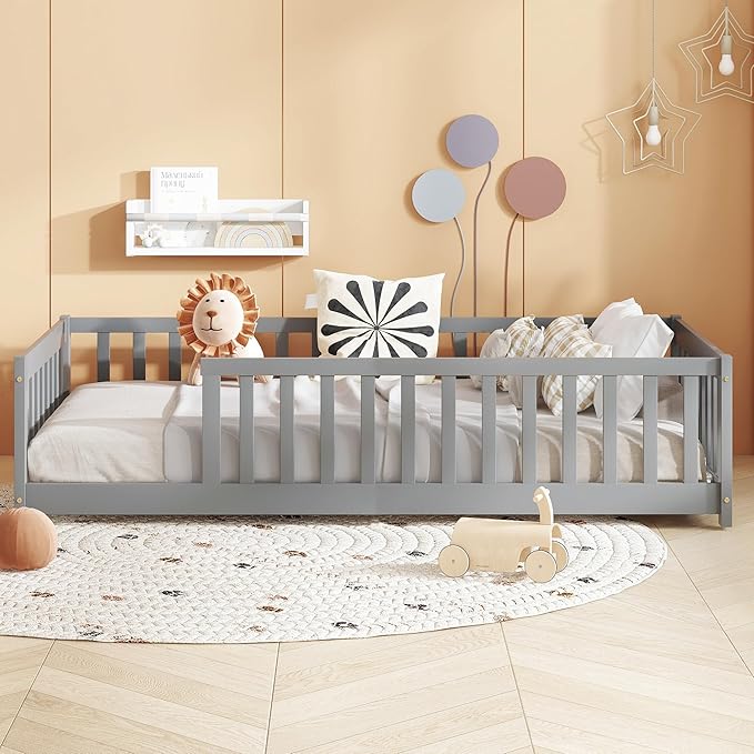 Bellemave Twin Floor Bed with Slats and Guardrails Wood Montessori Floor Beds with Fence Easy Assemble Floor Bed for Kids Girls Boys Gary