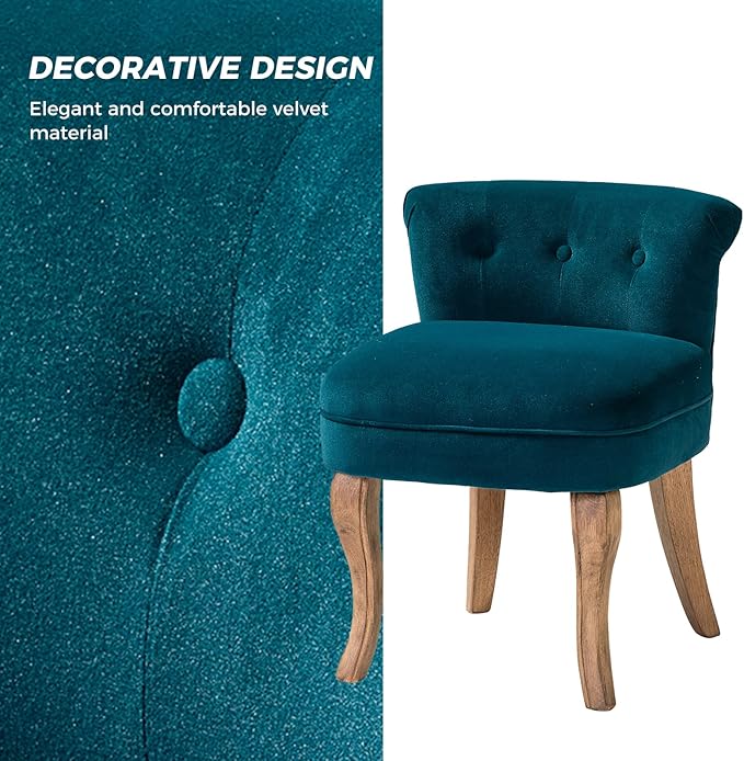 HULALA HOME Velvet Vanity Chairs with Low Back Modern Small Vanity Stool with Solid Wood Legs Upholstered Tufted Makeup Chair for Bedroom Living Room Dressing Women Girls Set of 2 Teal
