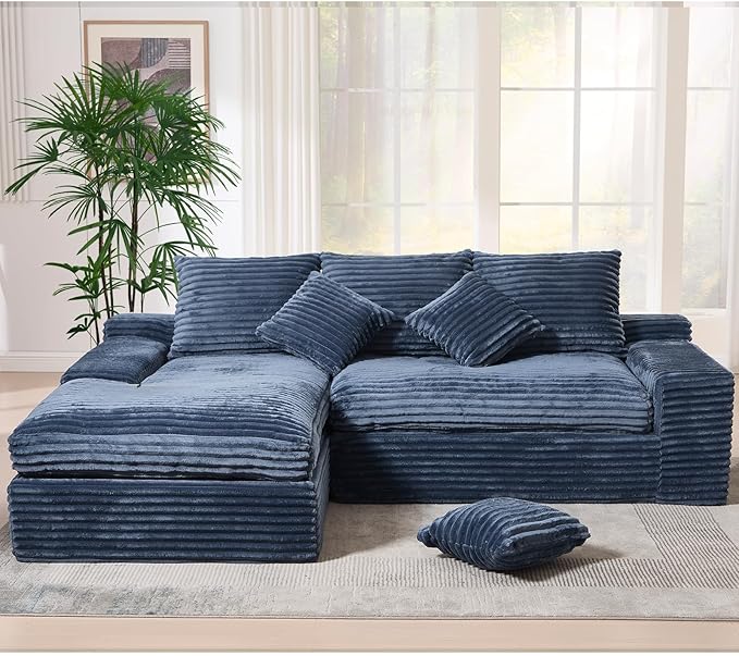 Modern Cloud Sectional Couch with L-Shape Chaise Modular Boneless Sofa with Deep Seat Comfy Plush Upholstered Couches for Living Room Apartment No Assembly Required Corduroy Blue