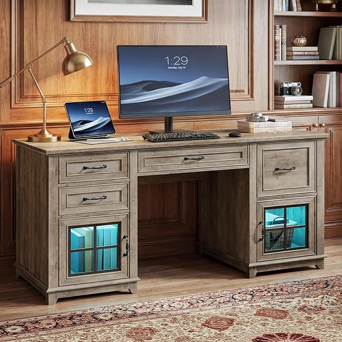 58 Farmhouse Executive Desk with Drawers LED Light Computer Desk with Drawers and File Cabinet Wooden Home Office Desk with Charging Station Workspace for Writing Greige
