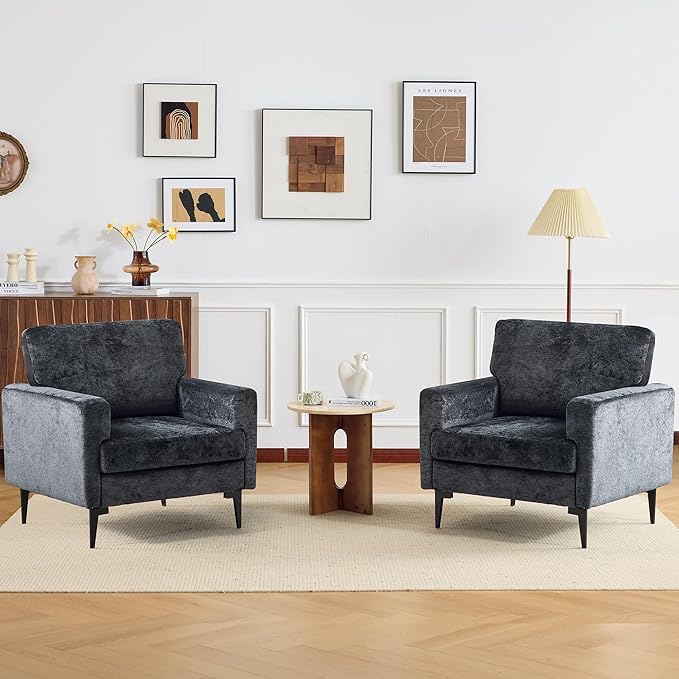 MELLCOM Oversized Chenille Accent Chair Set of 2 Comfy Armchair for Living Room Mid-Century Upholstered Reading Single Sofa Chair for Bedroom Grey