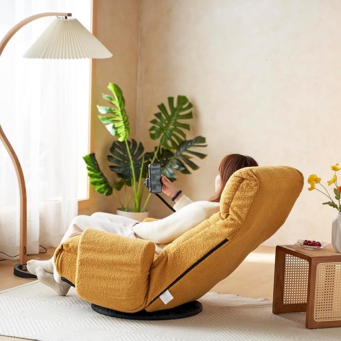 Gwen Upholstered 360° Swivel Chair Lounge Chair with Adjustable Backrest/Headrest Metal Frame Living Room Lounge Sofa and Phone Holder Comfy Bean Bag Chair Yellow