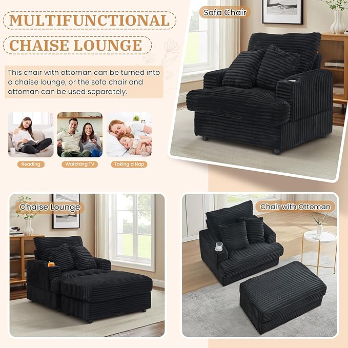 Chaise Lounge Chair Indoor 39 W Plush Corduroy Oversized Chair with Ottoman Upholstered Cozy Chaise with Cup Holder Modern Deep Seat Comfy Sofa Armchair for Living Room Bedroom(Black)