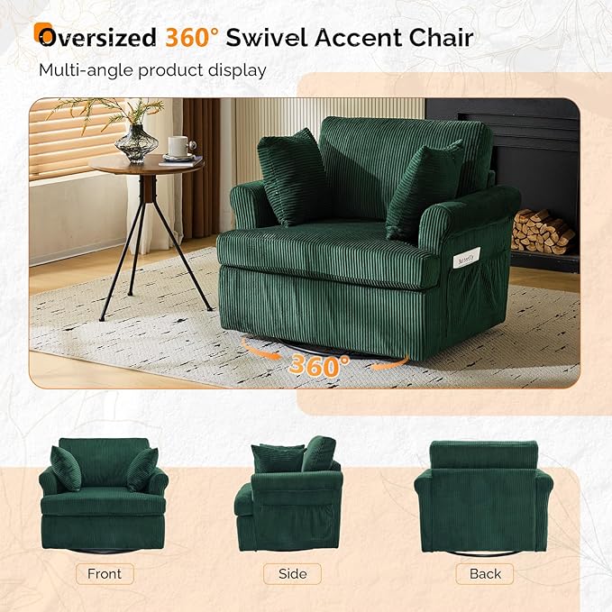 VINGL 39.2 Wide 360° Swivel Accent Armchairs with Pillows Set of 2 Oversized Single Sofas Chair and a Half with Side Pockets and Wide armrest for Living Room Bedroom Reading Room Corduroy Green