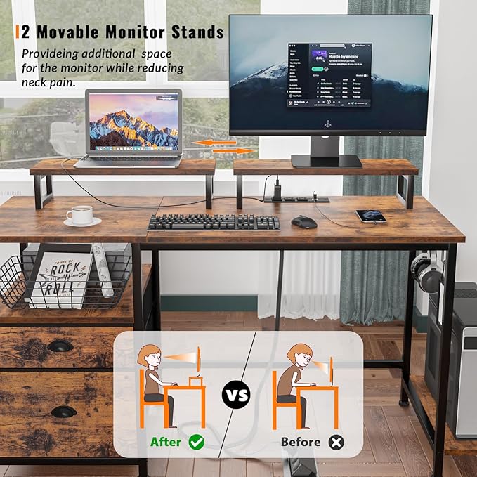 Furologee 47 Inch Computer Desk with Power Outlet Home Office Desk with Monitor Stand File Drawers Cabinet CPU Stand &amp Hooks Writing Table for Bedroom Study Work Rustic Brown (Rustic Brown)