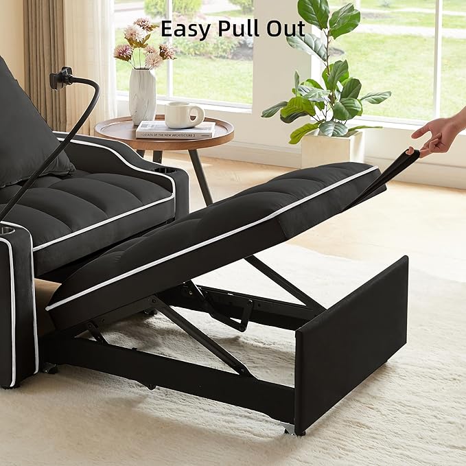 3 in 1 Convertible Sleeper Sofa Bed with Phone Holder 35'' Pull Out Sofa Bed Recliner with Adjustable Backrest Velvet Fabric Sleeper Couch Single Modern Chair for Small Space &amp RV Black