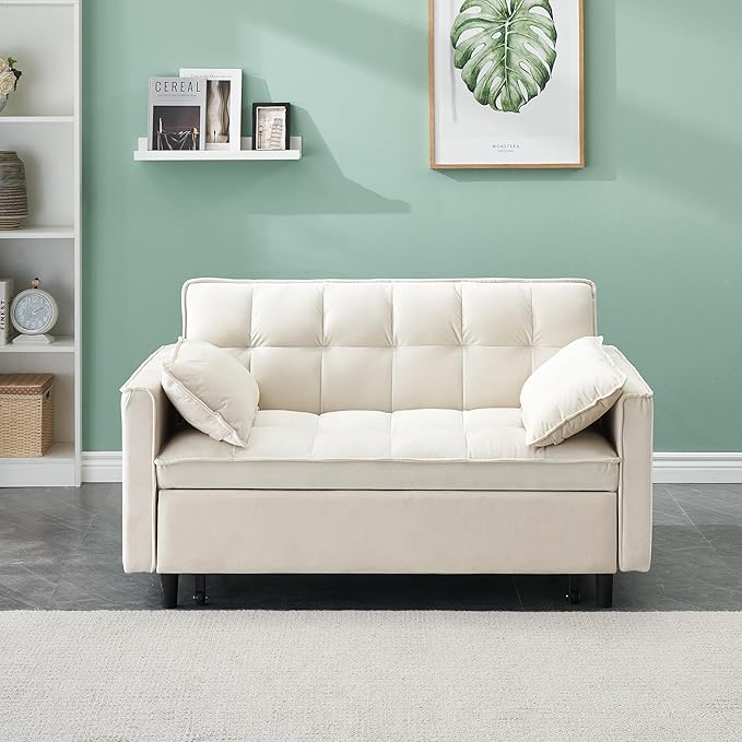 3 in 1 Convertible Sofa BedModern Velvet Loveseat Sleeper Sofa Bed with Adjustable Backrest Storage Pockets and PillowsSuitable for Living RoomGuest RoomBeige