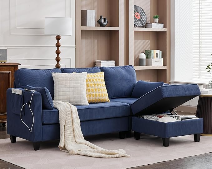 Grepatio Sectional Sofa Couch 80 L Shaped Convertible Sofa with 2 Pockets &amp USB Ports 3-Seater Comfy Cloud Modular Couches with Movable Storage Ottom for Living Room Apartment Small Space (Bl