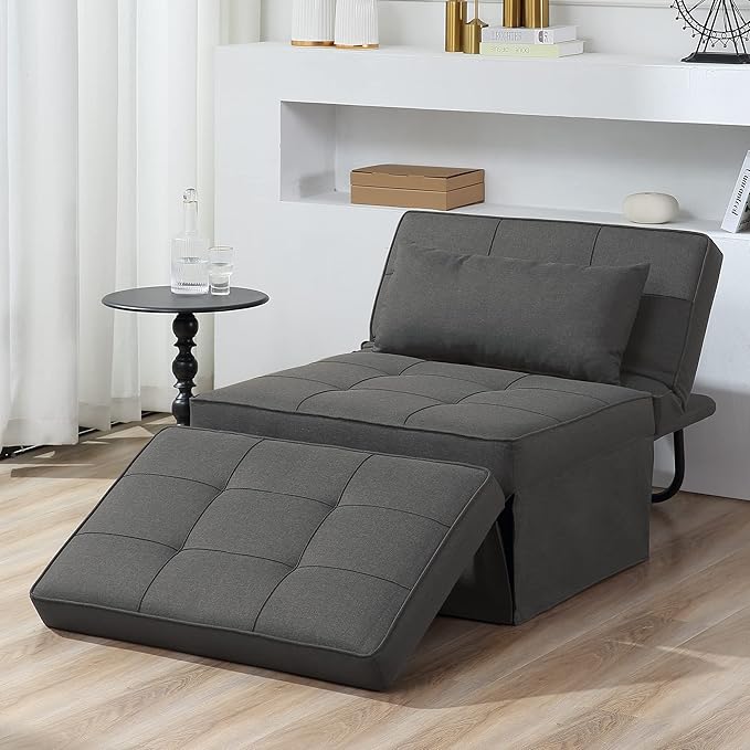 BIGSYY Sofa Bed Set of 4 in 1 Multi-Function Folding Ottoman Breathable Linen Couch Bed with Adjustable Backrest Modern Convertible Chair for Living Room Apartment Office Dark Grey