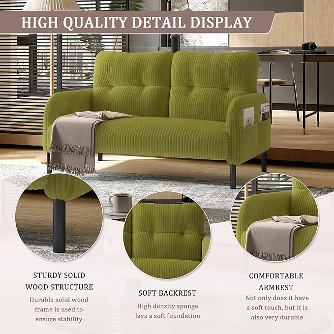 Small Couch Mid Century Modern Loveseat for Small Spaces 2 Seat Corduroy Couches with Side Pockets for Bedroom Living Room Office (Olive Green)