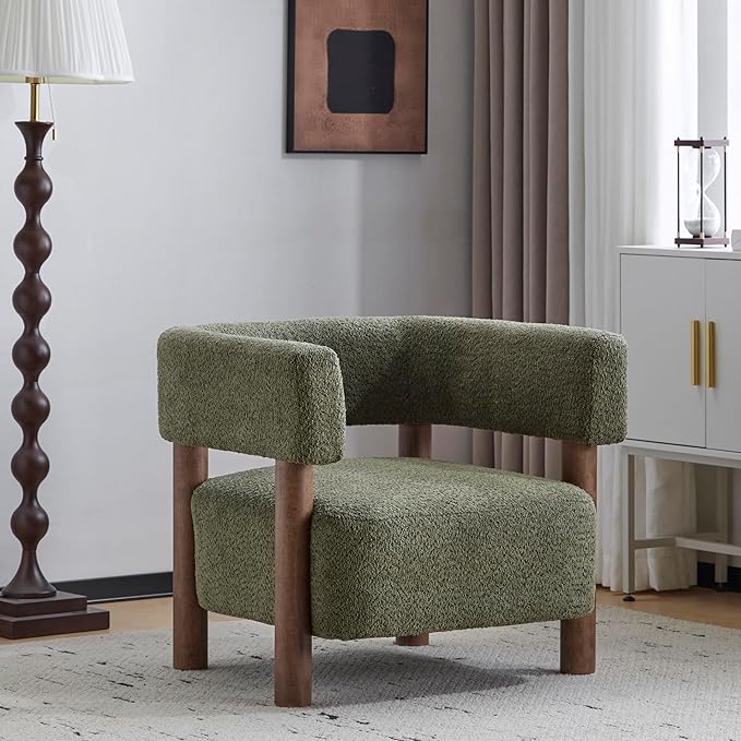Christopher Knight Home Carly Low Profile Accent Chair Round Backrest Side Chair Living Room Armchair with Boucle Fabric CushionComfy Reading Chair for BedroomWooden Single Lounge SofaOlive Green