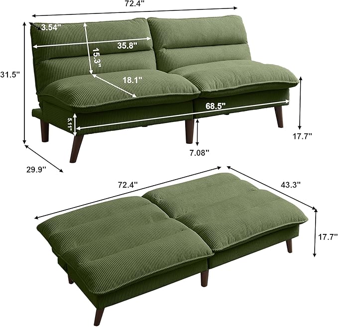 Convertible Futon Sofa Bed Modern Folding Futon Couch with 3-Level Adjustable Backrest Sleeper Loveseat Sofa Recliner Couch for Living Room Apartment Green