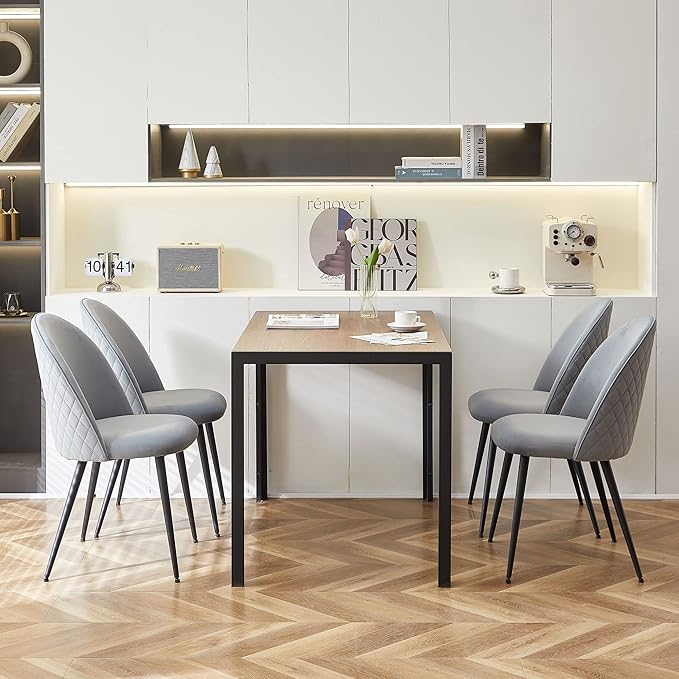Dining Chair Set of 4Modern Gray Reception Guest Chairs Upholsered for Kitchen Apartment Elegant Velvet Living Bedroom Side Chairs with Curved Backrest Metal Legs