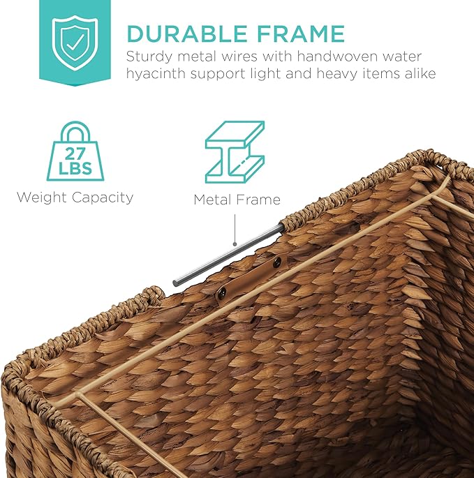 Best Choice Products Handwoven Water Hyacinth Rolling Filing Cabinet Mobile File Organizer for Hanging Folders W/Lid and Locking Wheels For Home or Office – Chestnut