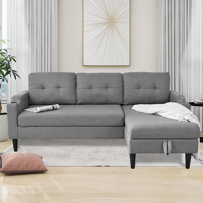 Convertible Sleeper Pull Out Couch Bed with Storage Chaise Linen Upholstered Sectional L-Shape Apartment Couch Pullout Sofa Bed with Side Pocket and Cup Holder Removable Backrest (Gray)