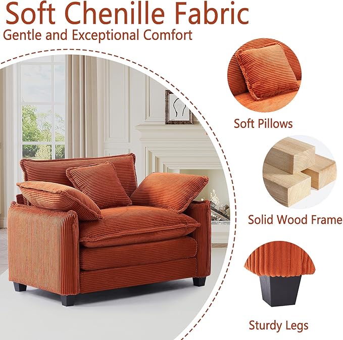 Oversized Chair with Ottoman Modern Corduroy Sofa Bed Single Sofa Chaise Large Upholstered Sofa for Living Room Bedroom (Orange)
