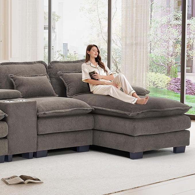 124 U Shaped Cloud Couch Sectional Sofa Fluffy Modular Couches for Living Room Oversized Modern Plush Chenille Sectional Couch Set Cloud Sofa with Central Console USB Ports Cup Holder Stone Grey