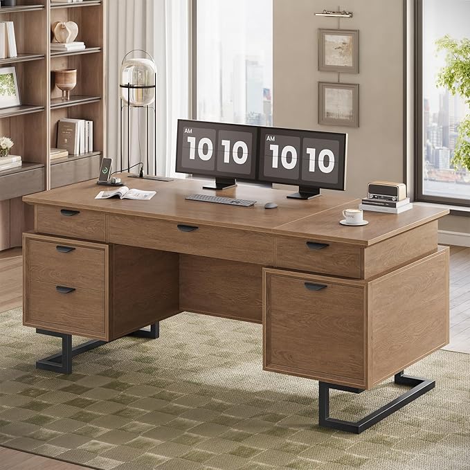 63 Executive Desk with Charging Station Large Home Office Desks with 6 Drawers and 2 Storage Cabinets File Drawer Keyboard Tray Privacy Panel Desk Grommet U-Shaped Metal Legs for Work and Study