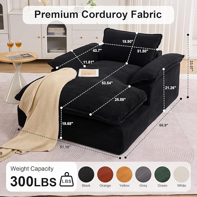 GNIXUU 67 Oversized Chaise Lounge Chair Indoor Corduroy Upholstered Boneless Sleeper Sofa Bed Comfy Large Reading Chair with Wide Armrests Plush Cloud Couch for Living Room Bedroom Black