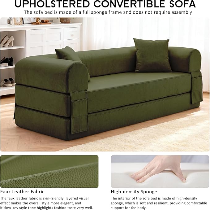 78.5 Convertible Sleeper Sofa Bed Faux Leather Deep Seat Folding Floor Sofa with Pullout Bed &amp 2 Pillows No Assembly Modern Boneless Couch Compression Sofa in Box for Living Room Office Green