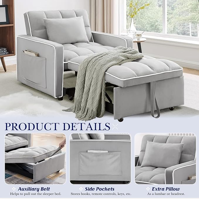 3 in 1 Convertible Sleeper Sofa Chair BedVelvet Tufted Upholstered Pull Out Sleeper Chair with Adjustable Backrest &amp Side PocketsModern Recliner Lounger Bed for Living Room/Office/Small Space(Gr