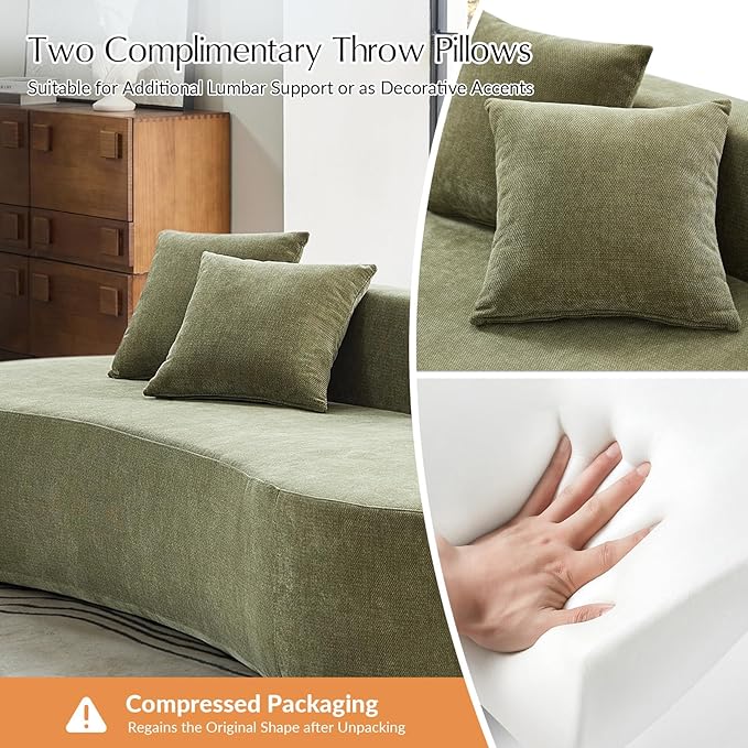 HULALA HOME 94.5 Curved Boneless Couch with Two Pillows Oversized 3 Seater Compressed Foam Sofa with Deep Seat Modern Cloud Couch for Living Room No Assembly Required Olive