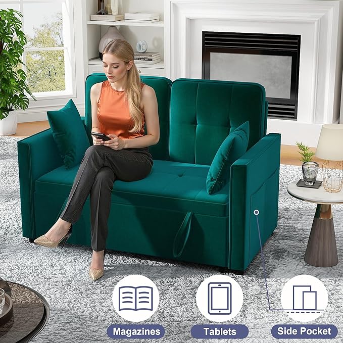 Loveseat Sleeper Sofa Bed Couch: Queen Sleeper Chair Pull Out Bed for Living Room Green Velvet Couch Beds for Small Spaces 3 in 1 Convertible Sofa with Armrests
