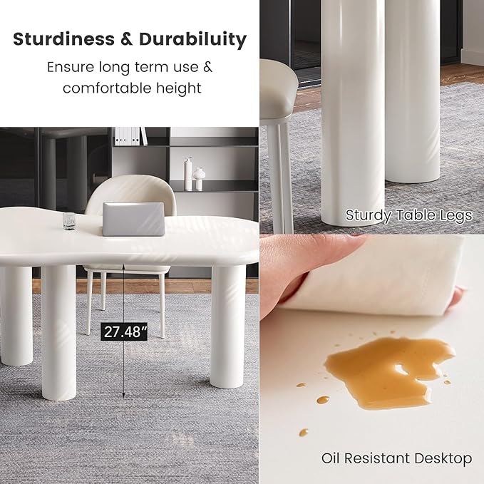 Modern 62.2 Cloud-Shaped Cream White Office Desk with Sculptural Pillar Legs Rounded Corners Minimalist Computer Table Easy to Assemble Ideal for Home Office (Desk Only)