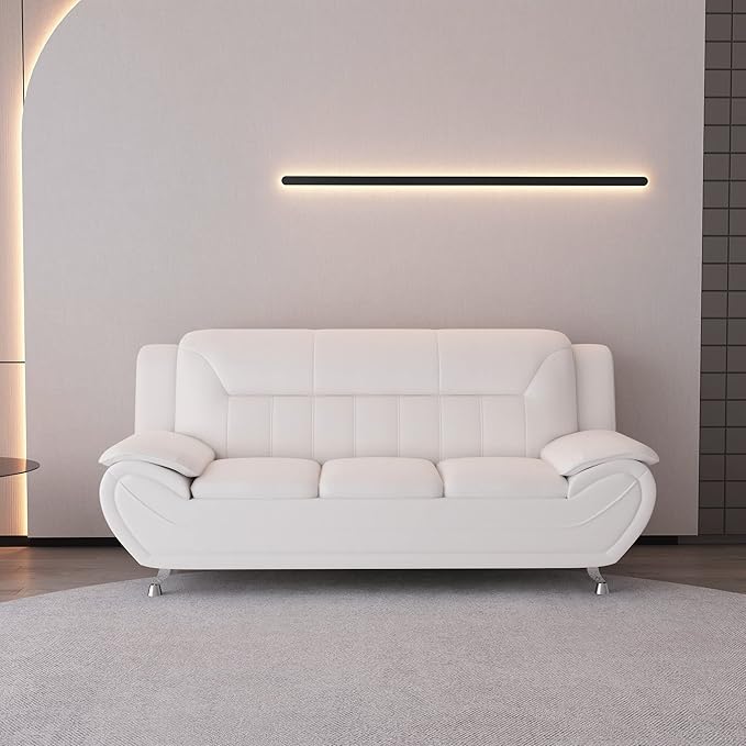 Michael Modern Faux Leather Upholstered Stainless Steel Legs Living Room Sofa Cream White