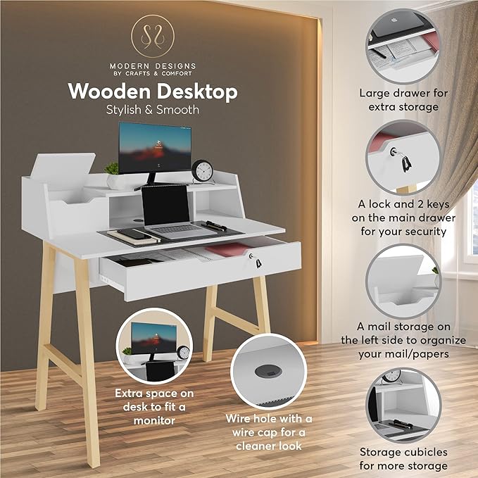 Modern Design Roma Small Desk for Bedroom 40 inch White Writing Desk with Hutch and Locking Drawer by Crafts and Comfort