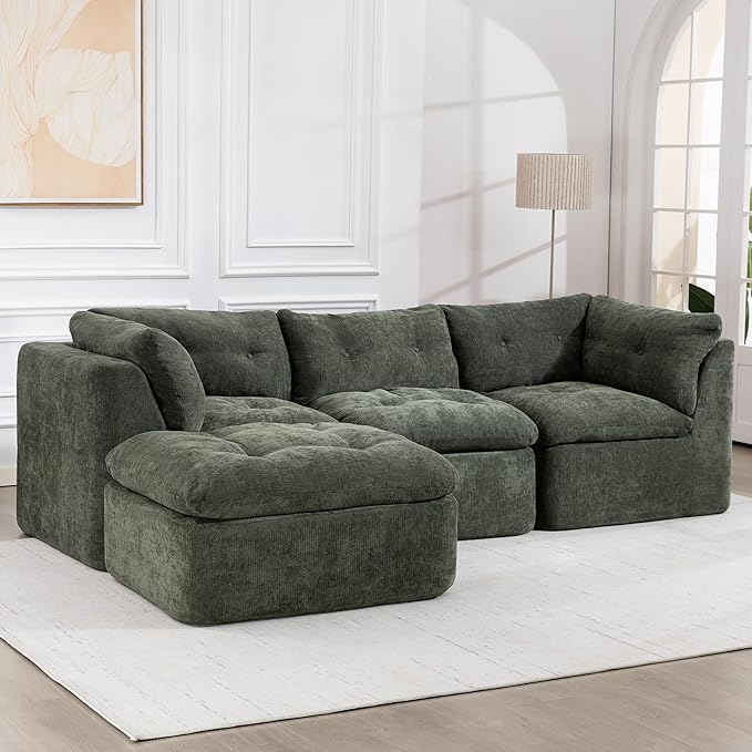 L Shaped Modular Sectional Sofa with Ottoman 106 Cloud Couch with Deep Seats &amp Layered Cushions No-Assembly Upholstered Sofa in a Box Boneless Couches for Living Room Green