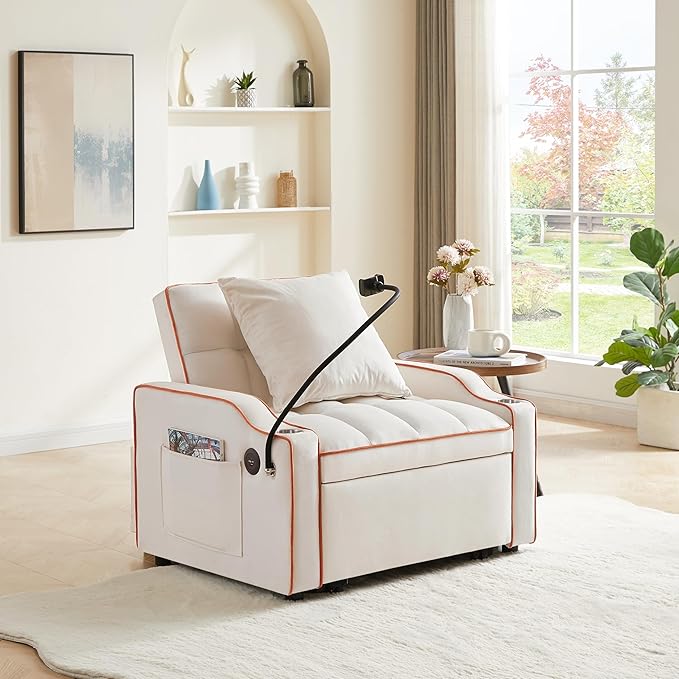 Convertible sleeper sofa chair bed 3 in 1 Tufted Velvet Pull Out Sleeper Chair with Adjustable Backrest &amp Phone Holder Modern Single Sofa Chair for Living Room Small Spaces Apartment Beige