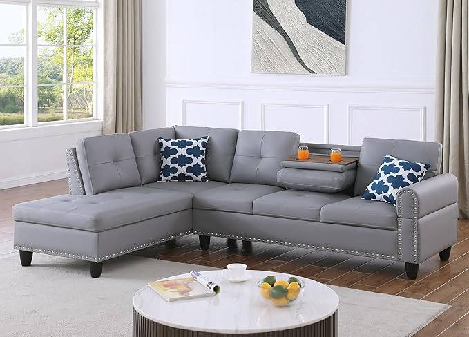 98 Faux Leather Sectional Sofa with Left Facing Chaise L-Shaped 5 Seater Conrner Couch with Removable Storage Ottoman and Hidden Cup Holders for Living RoomGray
