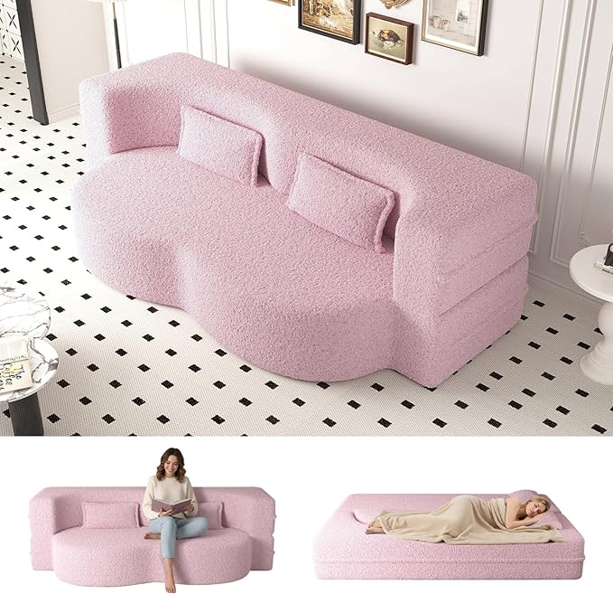 Folding Foam Sofa Bed15 Full Size Floor CouchConvertible Teddy Fabric Foam-Filled Sleeper Futon Loveseat Couch for Living Room Guest Use Office Apartmen (Pink)