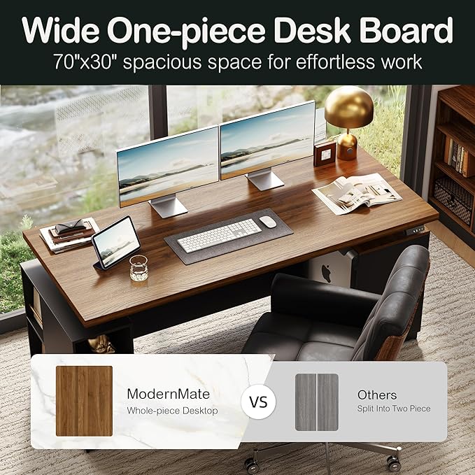 71 Executive Desk with Office Storage Cabinet L Shaped Height Adjustable Standing Desk Privacy Panel Furniture Set with Multiple Functions for Home and Office Black Walnut