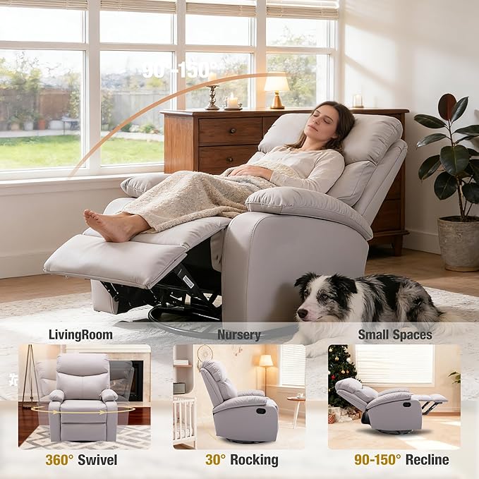 Swivel Rocker Recliner Chair for Adults Rocking Small Recliner Chairs for Small Spaces Glider Chairs Recliner Lazyboy Single Sofa for Nursery Living Room RV Beige