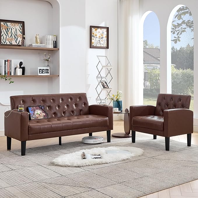 TYBOATLE 62 W Leather Loveseat w/Chairs 2 Piece Sofa Sets for Living Room w/ 2 USB Charger Ports and 2 Cupholders Living Room Furniture Sets of 2 (2 Brown)