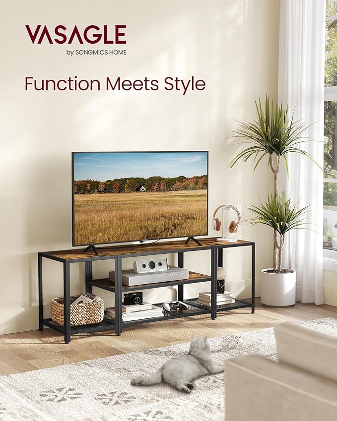 VASAGLE Modern TV Stand for TVs up to 65 Inches 3-Tier Entertainment Center Industrial TV Console Table with Open Storage Shelves for Living Room Bedroom Rustic Brown and Black ULTV097B01